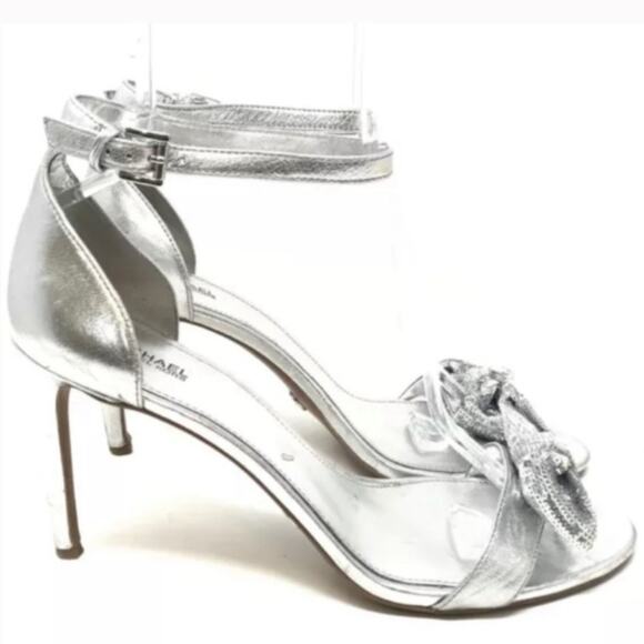 Michael Kors Paris Sequin Bow High Heel Dress Party Shoes Sandal Silver Size 7 - Picture 10 of 11